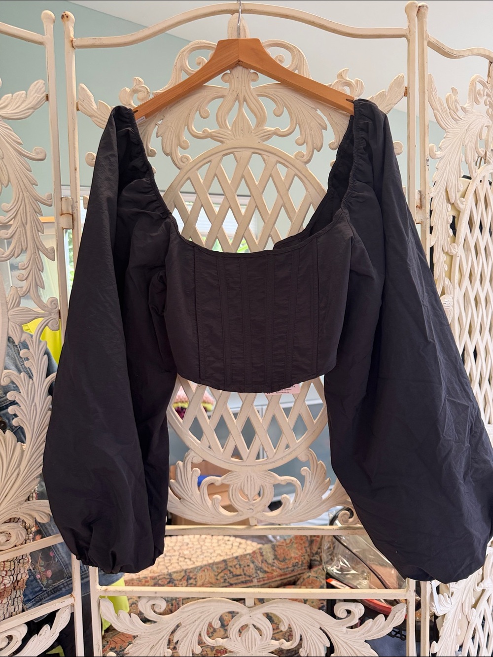 Missguided Black Puff-Sleeve Corset Crop Top with Balloon Sleeves